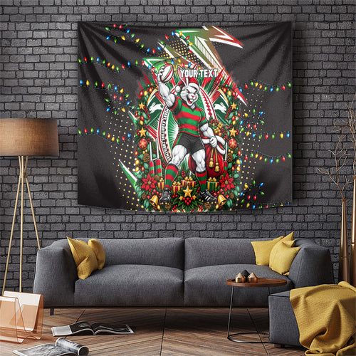Personalized South Sydney Rabbitohs Rugby Christmas Tapestry Holiday Mascot Graphic Art Festive Lights Bow