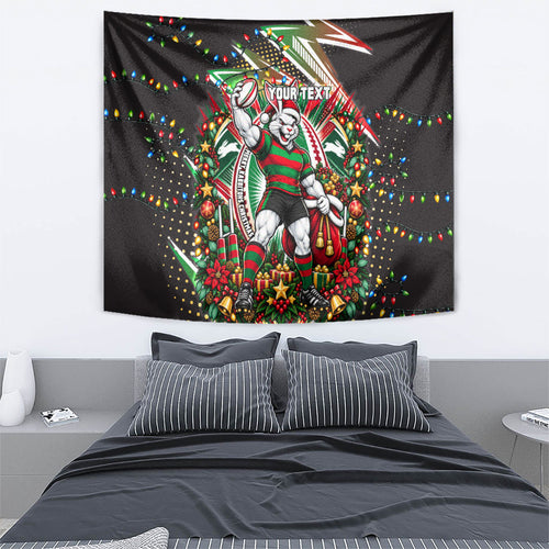 Personalized South Sydney Rabbitohs Rugby Christmas Tapestry Holiday Mascot Graphic Art Festive Lights Bow