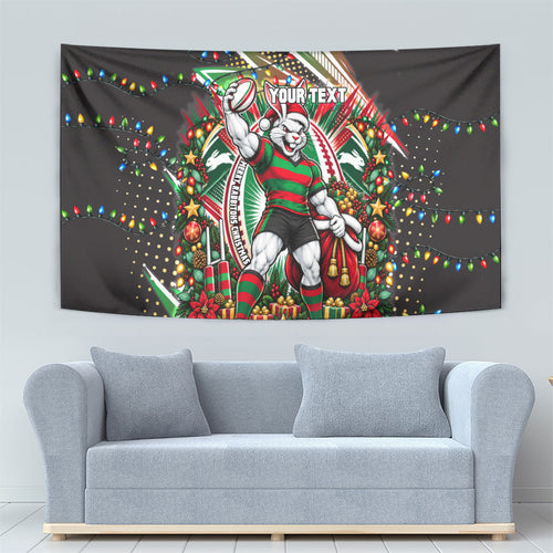 Personalized South Sydney Rabbitohs Rugby Christmas Tapestry Holiday Mascot Graphic Art Festive Lights Bow