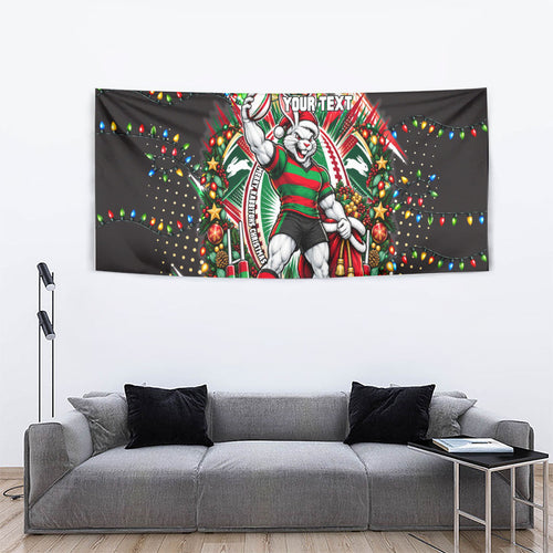 Personalized South Sydney Rabbitohs Rugby Christmas Tapestry Holiday Mascot Graphic Art Festive Lights Bow
