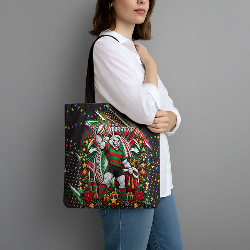 Personalized South Sydney Rabbitohs Rugby Christmas Tote Bag Holiday Mascot Graphic Art Festive Lights Bow