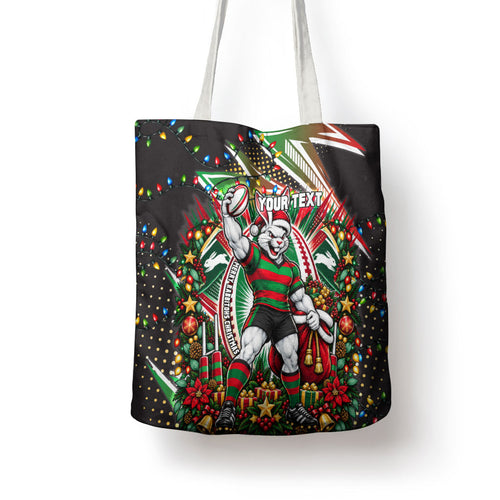 Personalized South Sydney Rabbitohs Rugby Christmas Tote Bag Holiday Mascot Graphic Art Festive Lights Bow