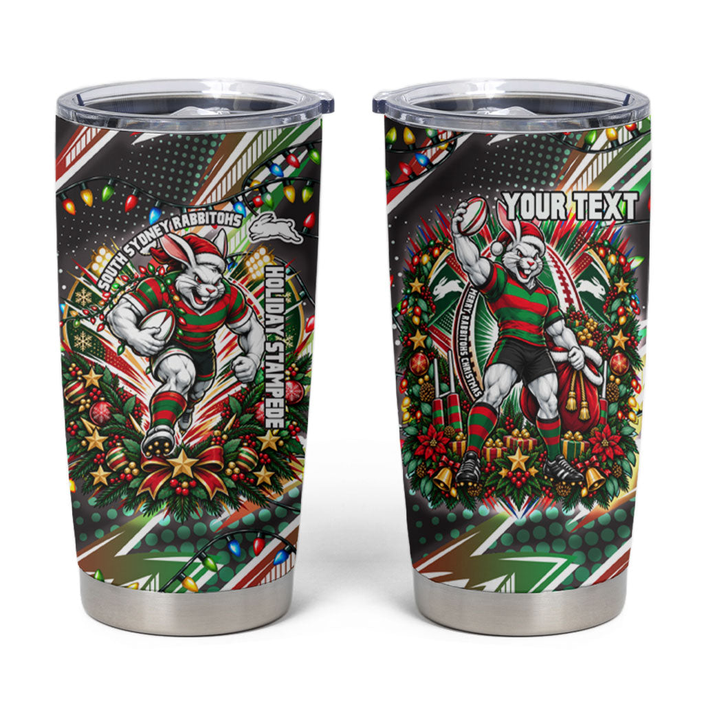 Personalized South Sydney Rabbitohs Rugby Christmas Tumbler Cup Holiday Mascot Graphic Art Festive Lights Bow