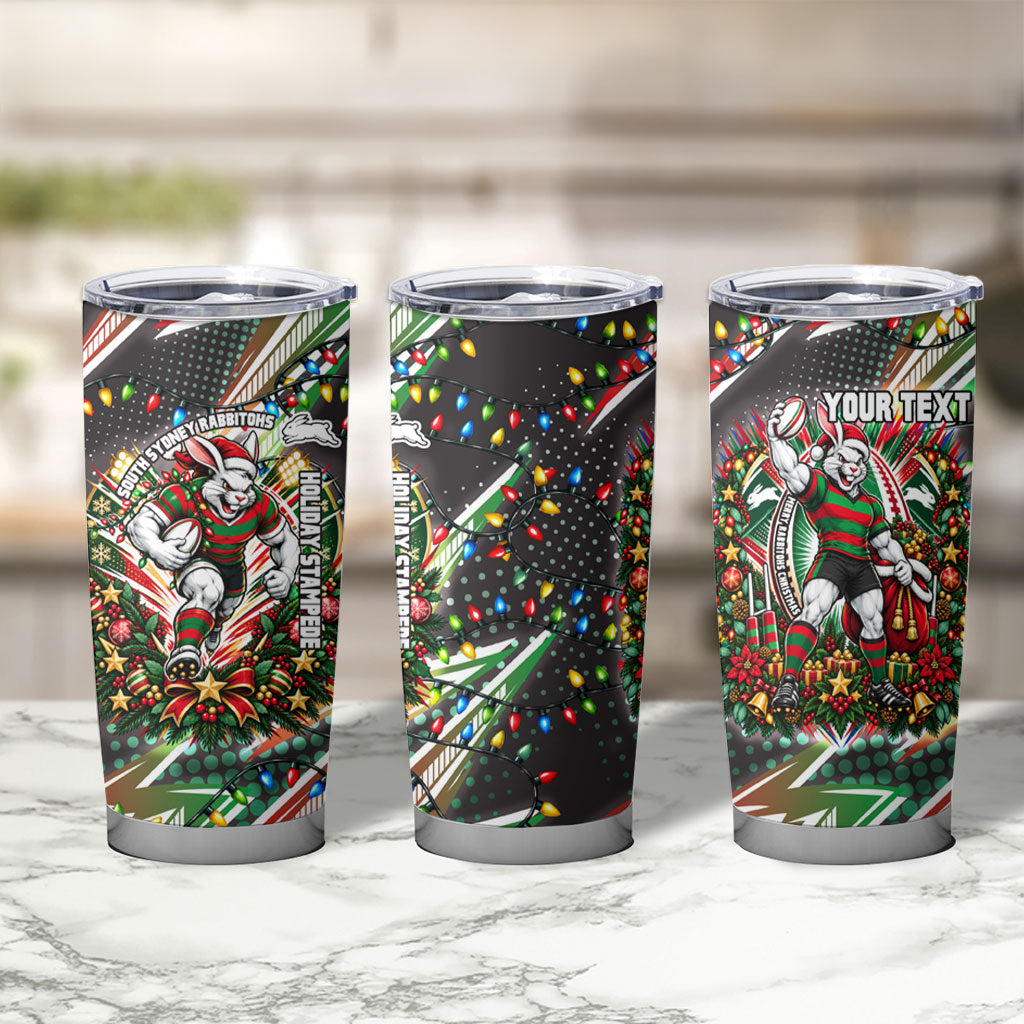 Personalized South Sydney Rabbitohs Rugby Christmas Tumbler Cup Holiday Mascot Graphic Art Festive Lights Bow