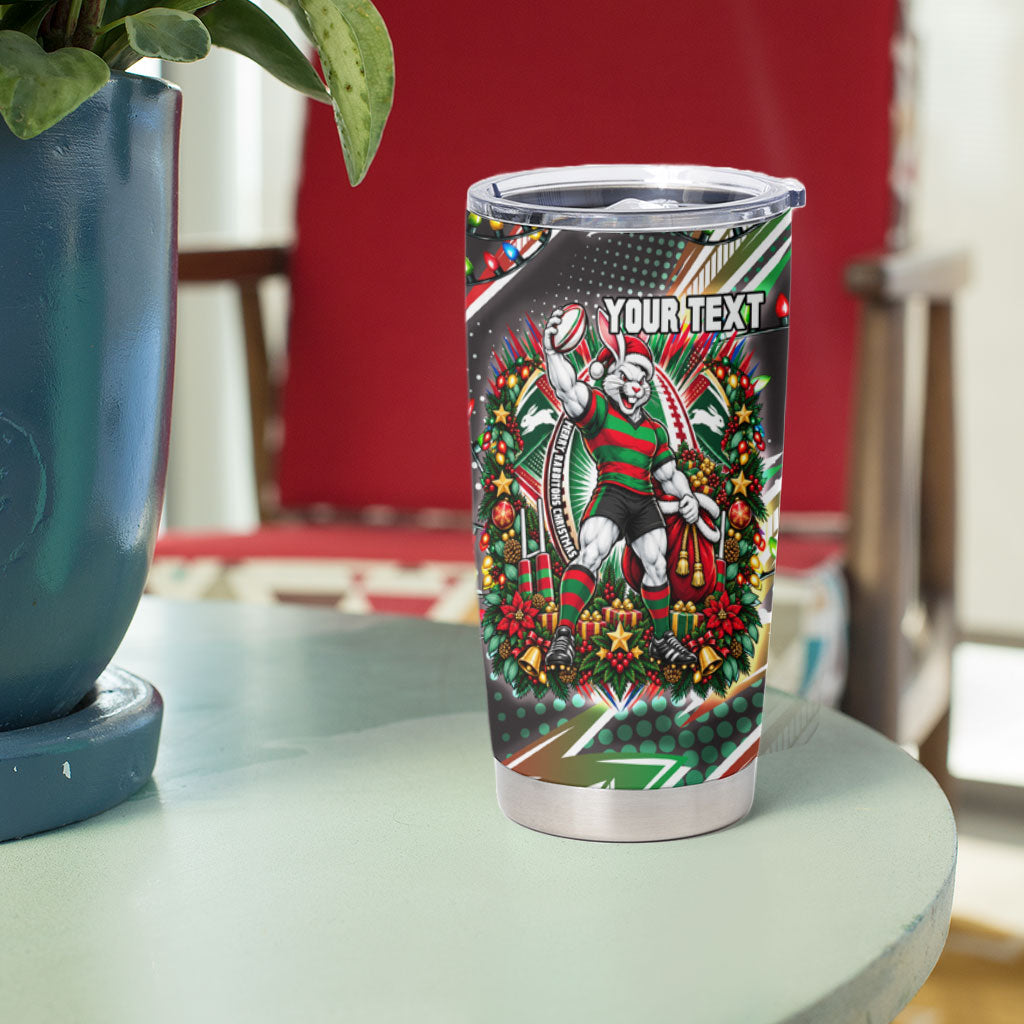 Personalized South Sydney Rabbitohs Rugby Christmas Tumbler Cup Holiday Mascot Graphic Art Festive Lights Bow