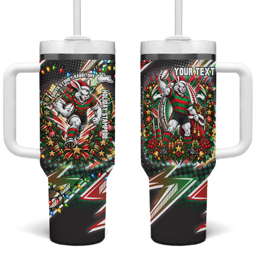 Personalized South Sydney Rabbitohs Rugby Christmas Tumbler With Handle Holiday Mascot Graphic Art Festive Lights Bow