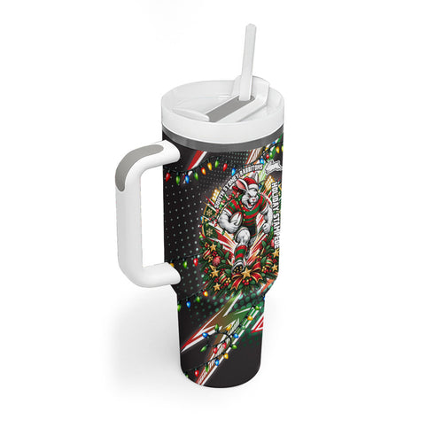 Personalized South Sydney Rabbitohs Rugby Christmas Tumbler With Handle Holiday Mascot Graphic Art Festive Lights Bow
