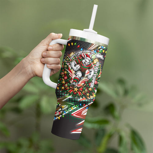 Personalized South Sydney Rabbitohs Rugby Christmas Tumbler With Handle Holiday Mascot Graphic Art Festive Lights Bow