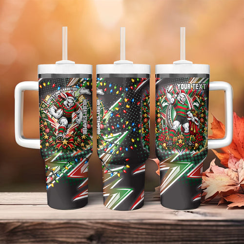 Personalized South Sydney Rabbitohs Rugby Christmas Tumbler With Handle Holiday Mascot Graphic Art Festive Lights Bow