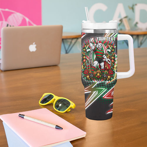 Personalized South Sydney Rabbitohs Rugby Christmas Tumbler With Handle Holiday Mascot Graphic Art Festive Lights Bow