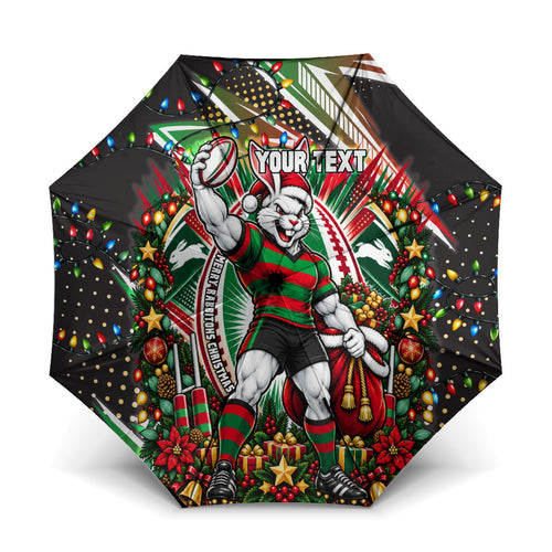 Personalized South Sydney Rabbitohs Rugby Christmas Umbrella Holiday Mascot Graphic Art Festive Lights Bow