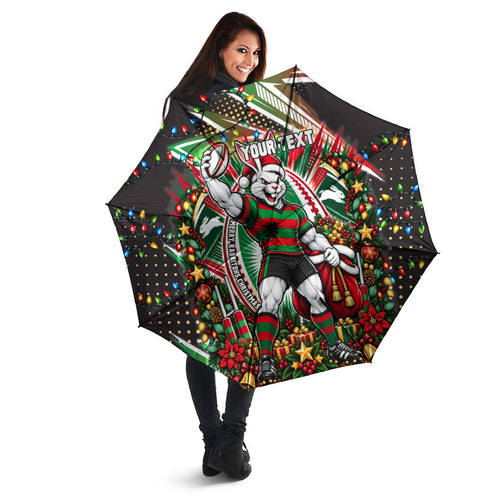 Personalized South Sydney Rabbitohs Rugby Christmas Umbrella Holiday Mascot Graphic Art Festive Lights Bow