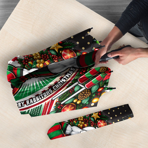 Personalized South Sydney Rabbitohs Rugby Christmas Umbrella Holiday Mascot Graphic Art Festive Lights Bow