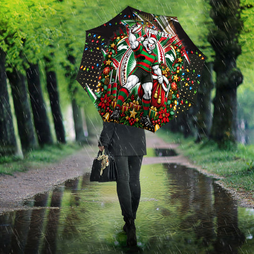 Personalized South Sydney Rabbitohs Rugby Christmas Umbrella Holiday Mascot Graphic Art Festive Lights Bow