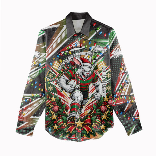 Personalized South Sydney Rabbitohs Rugby Christmas Women Casual Shirt Holiday Mascot Graphic Art Festive Lights Bow