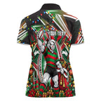 Personalized South Sydney Rabbitohs Rugby Christmas Women Polo Shirt Holiday Mascot Graphic Art Festive Lights Bow