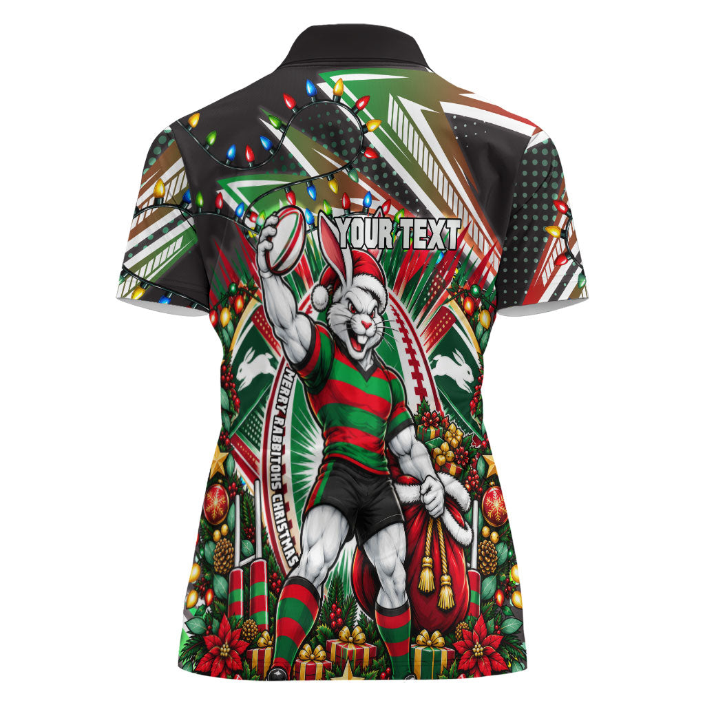 Personalized South Sydney Rabbitohs Rugby Christmas Women Polo Shirt Holiday Mascot Graphic Art Festive Lights Bow
