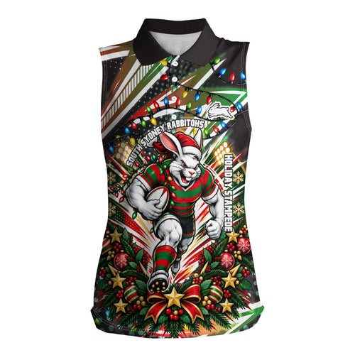 Personalized South Sydney Rabbitohs Rugby Christmas Women Sleeveless Polo Shirt Holiday Mascot Graphic Art Festive Lights Bow