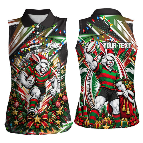 Personalized South Sydney Rabbitohs Rugby Christmas Women Sleeveless Polo Shirt Holiday Mascot Graphic Art Festive Lights Bow