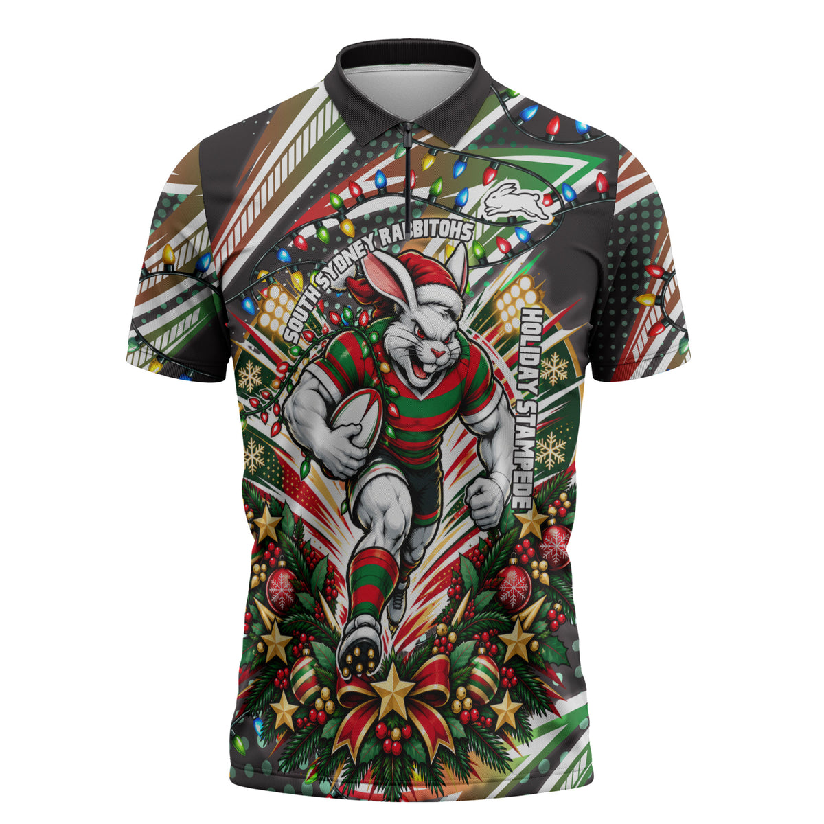 Personalized South Sydney Rabbitohs Rugby Christmas Zipper Polo Shirt Holiday Mascot Graphic Art Festive Lights Bow