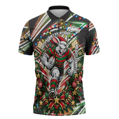 Personalized South Sydney Rabbitohs Rugby Christmas Zipper Polo Shirt Holiday Mascot Graphic Art Festive Lights Bow