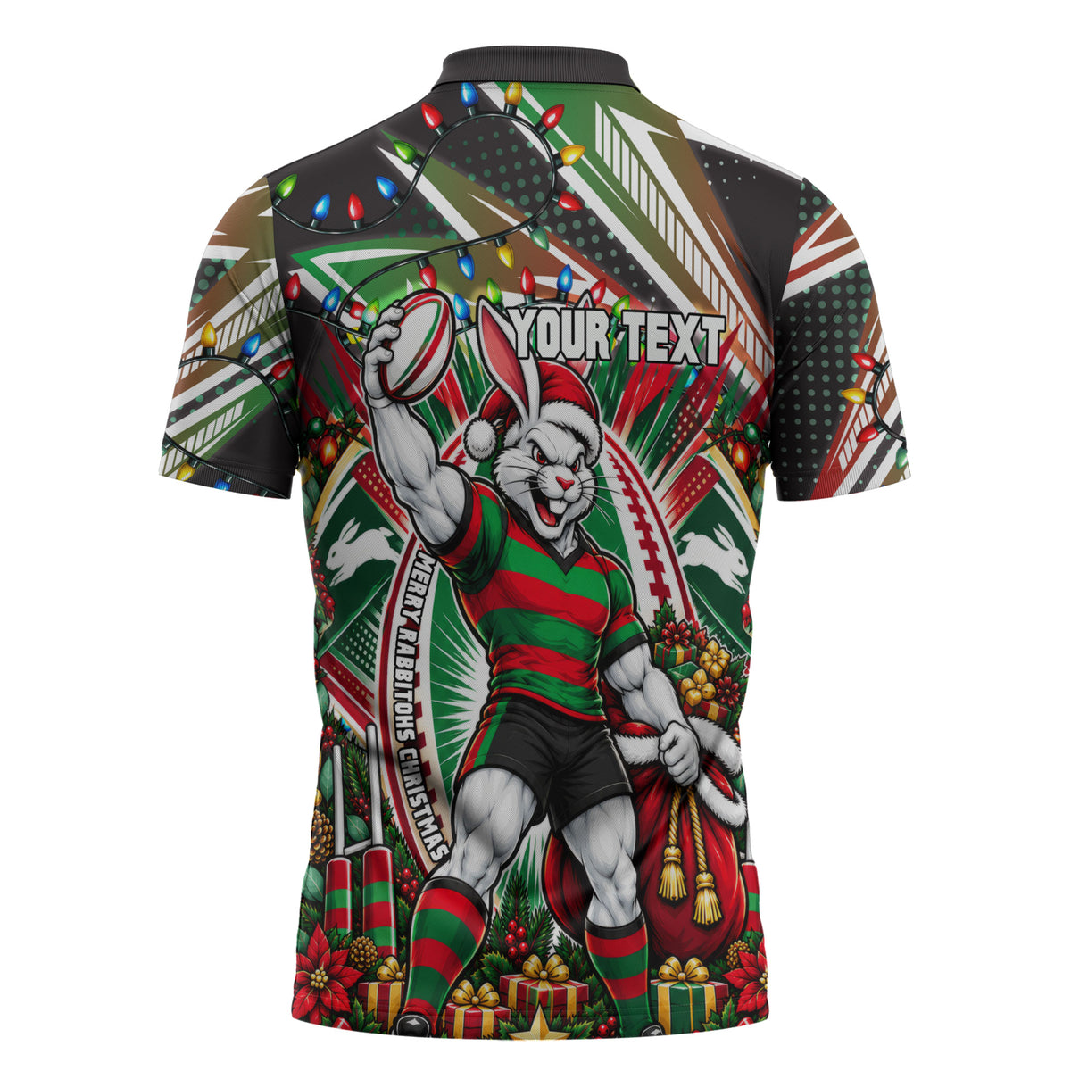 Personalized South Sydney Rabbitohs Rugby Christmas Zipper Polo Shirt Holiday Mascot Graphic Art Festive Lights Bow
