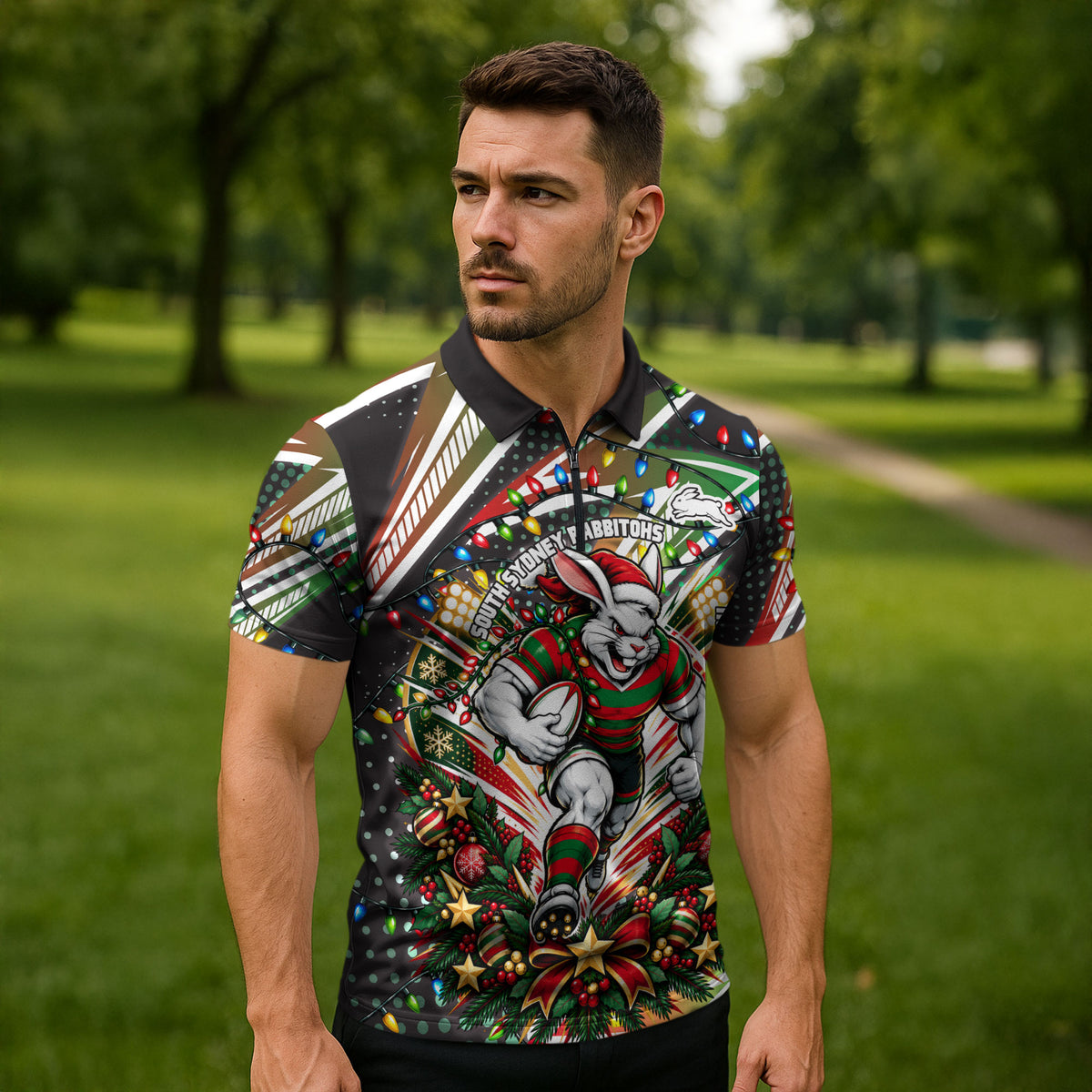 Personalized South Sydney Rabbitohs Rugby Christmas Zipper Polo Shirt Holiday Mascot Graphic Art Festive Lights Bow