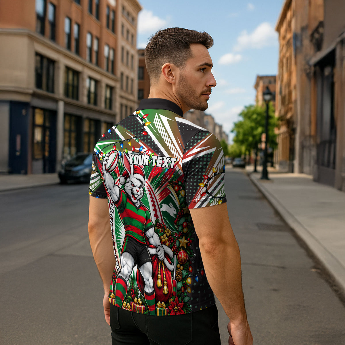 Personalized South Sydney Rabbitohs Rugby Christmas Zipper Polo Shirt Holiday Mascot Graphic Art Festive Lights Bow