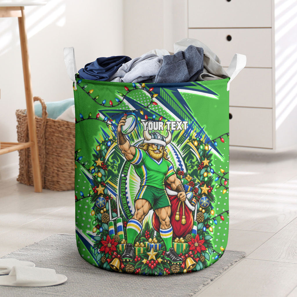 Personalized Canberra Raiders Rugby Christmas Laundry Basket Holiday Mascot Graphic Art Festive Lights Bow