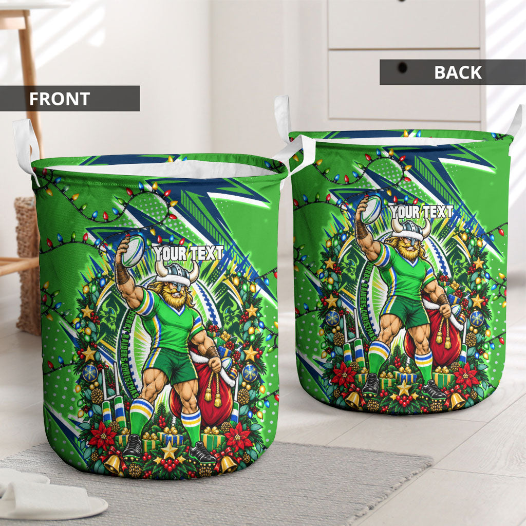 Personalized Canberra Raiders Rugby Christmas Laundry Basket Holiday Mascot Graphic Art Festive Lights Bow