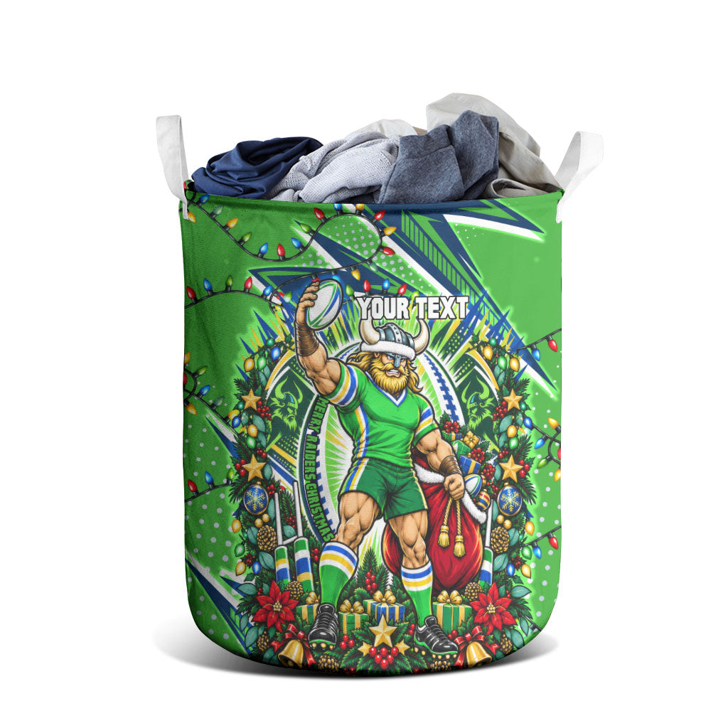 Personalized Canberra Raiders Rugby Christmas Laundry Basket Holiday Mascot Graphic Art Festive Lights Bow