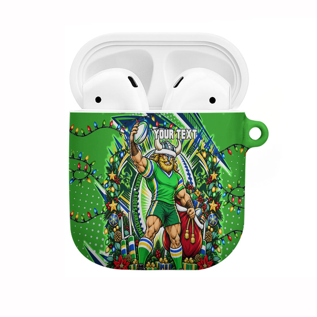Personalized Canberra Raiders Rugby Christmas AirPods Case Holiday Mascot Graphic Art Festive Lights Bow