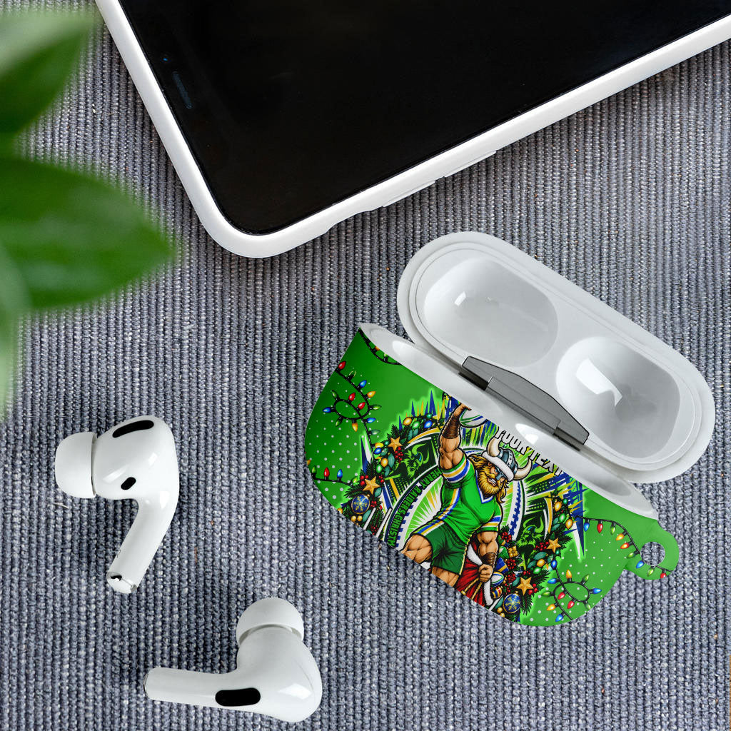 Personalized Canberra Raiders Rugby Christmas AirPods Case Holiday Mascot Graphic Art Festive Lights Bow