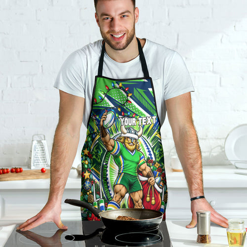 Personalized Canberra Raiders Rugby Christmas Apron Holiday Mascot Graphic Art Festive Lights Bow