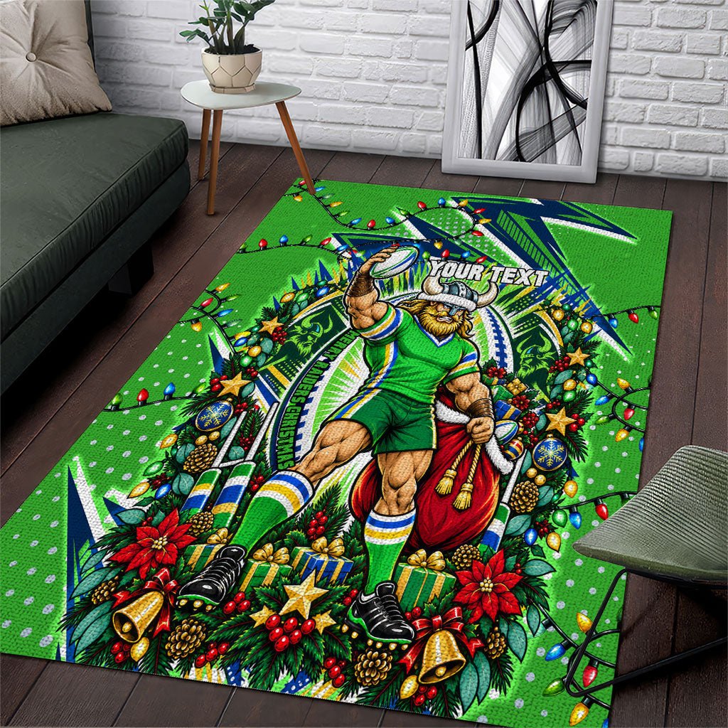 Personalized Canberra Raiders Rugby Christmas Area Rug Holiday Mascot Graphic Art Festive Lights Bow