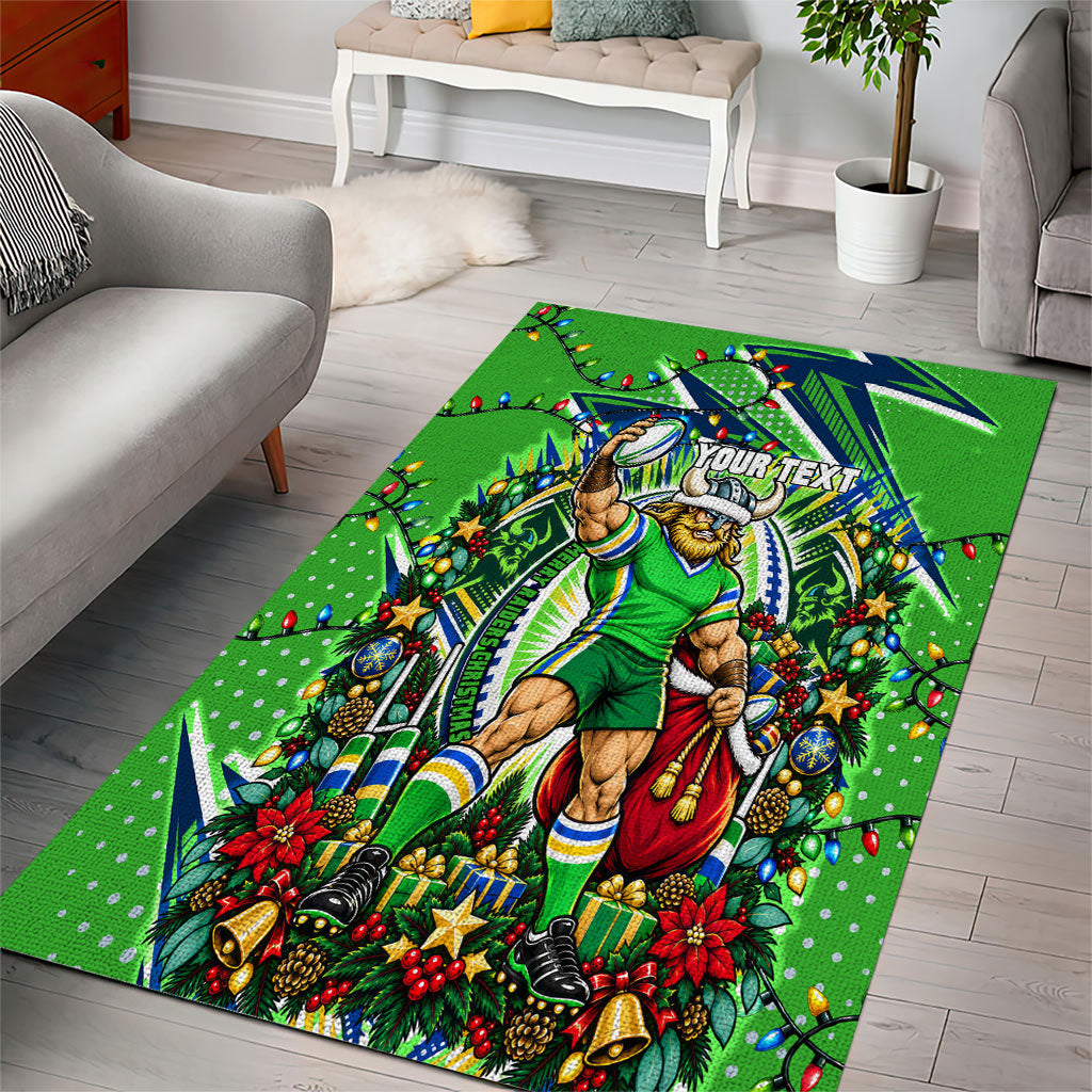 Personalized Canberra Raiders Rugby Christmas Area Rug Holiday Mascot Graphic Art Festive Lights Bow