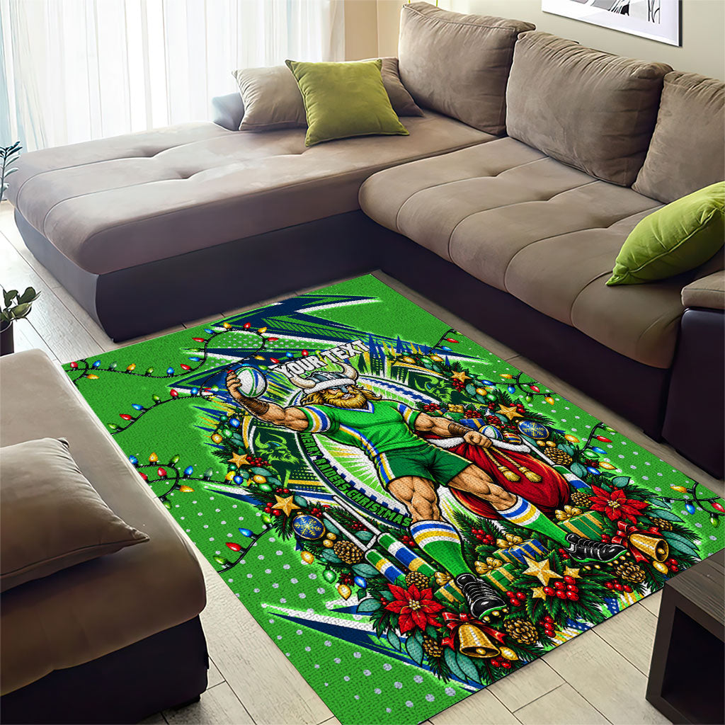 Personalized Canberra Raiders Rugby Christmas Area Rug Holiday Mascot Graphic Art Festive Lights Bow