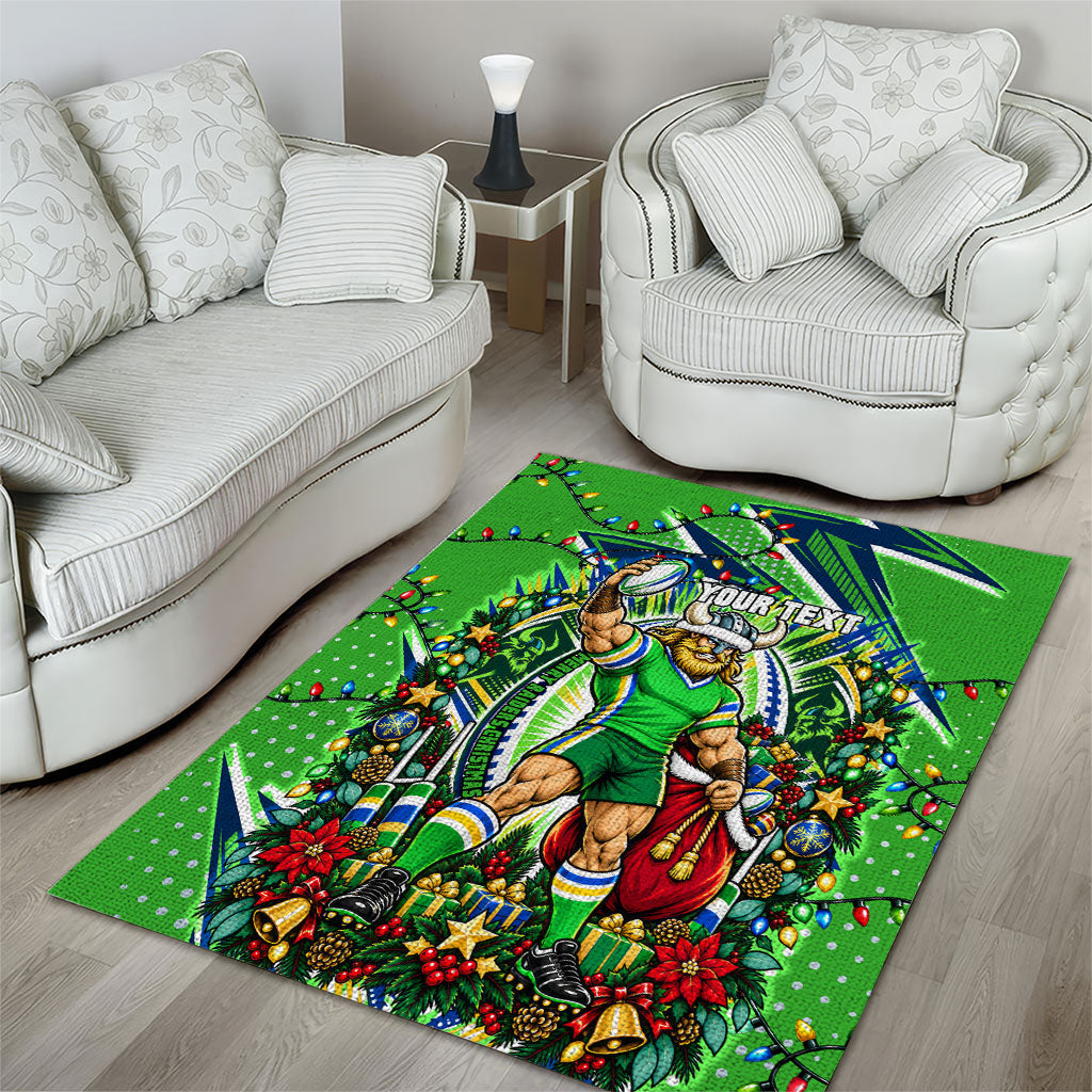 Personalized Canberra Raiders Rugby Christmas Area Rug Holiday Mascot Graphic Art Festive Lights Bow