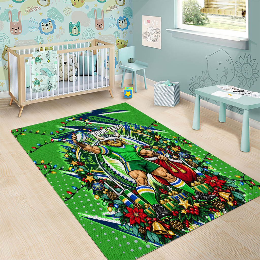 Personalized Canberra Raiders Rugby Christmas Area Rug Holiday Mascot Graphic Art Festive Lights Bow