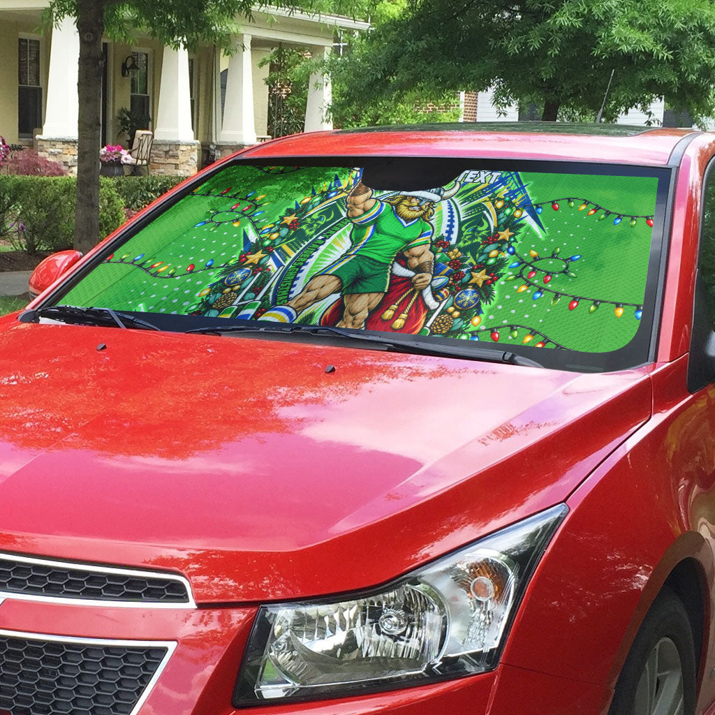 Personalized Canberra Raiders Rugby Christmas Auto Sun Shade Holiday Mascot Graphic Art Festive Lights Bow