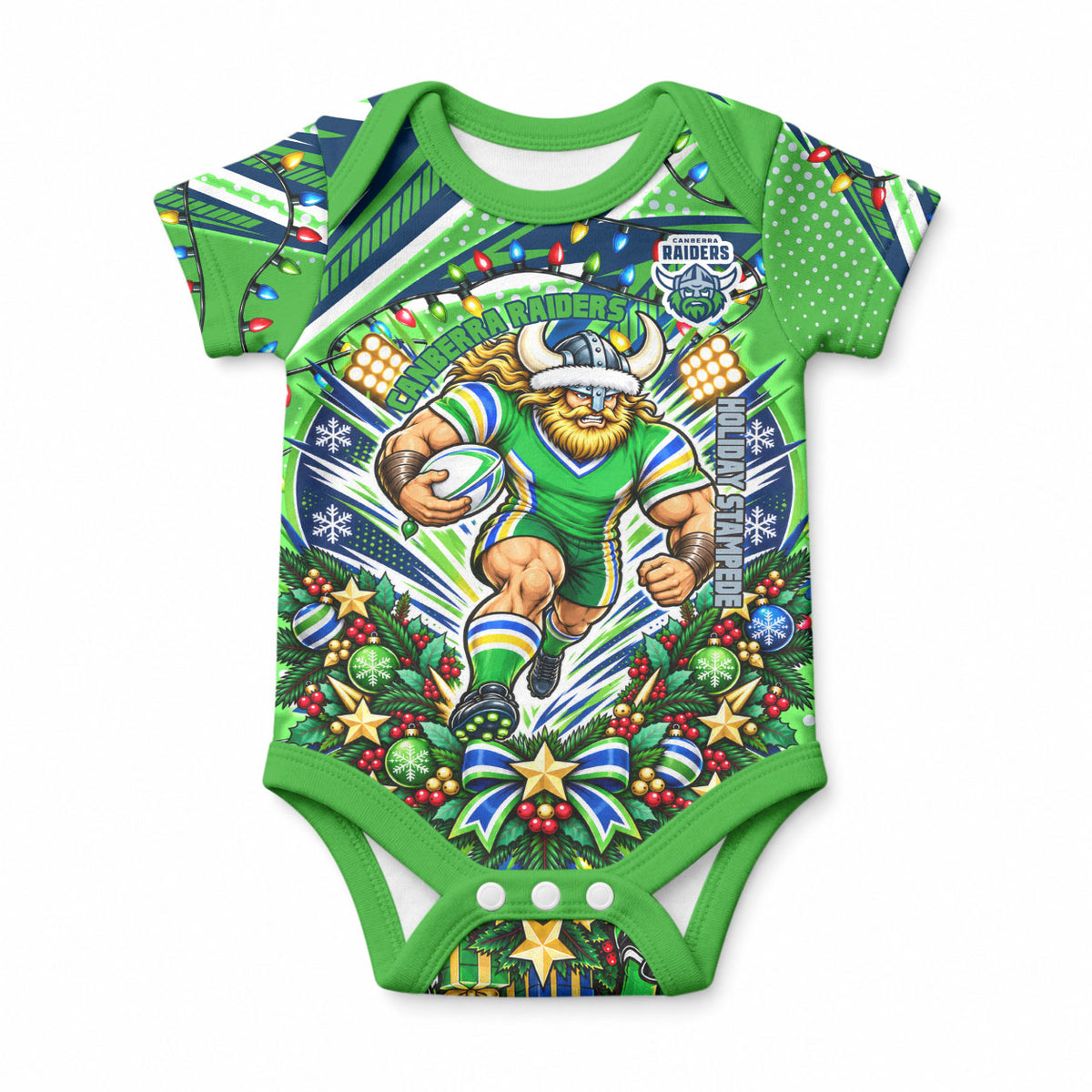 Personalized Canberra Raiders Rugby Christmas Baby Onesie Holiday Mascot Graphic Art Festive Lights Bow