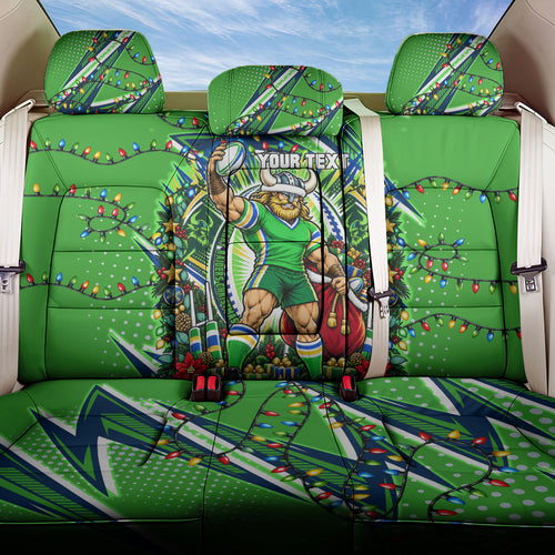 Personalized Canberra Raiders Rugby Christmas Back Car Seat Cover Holiday Mascot Graphic Art Festive Lights Bow