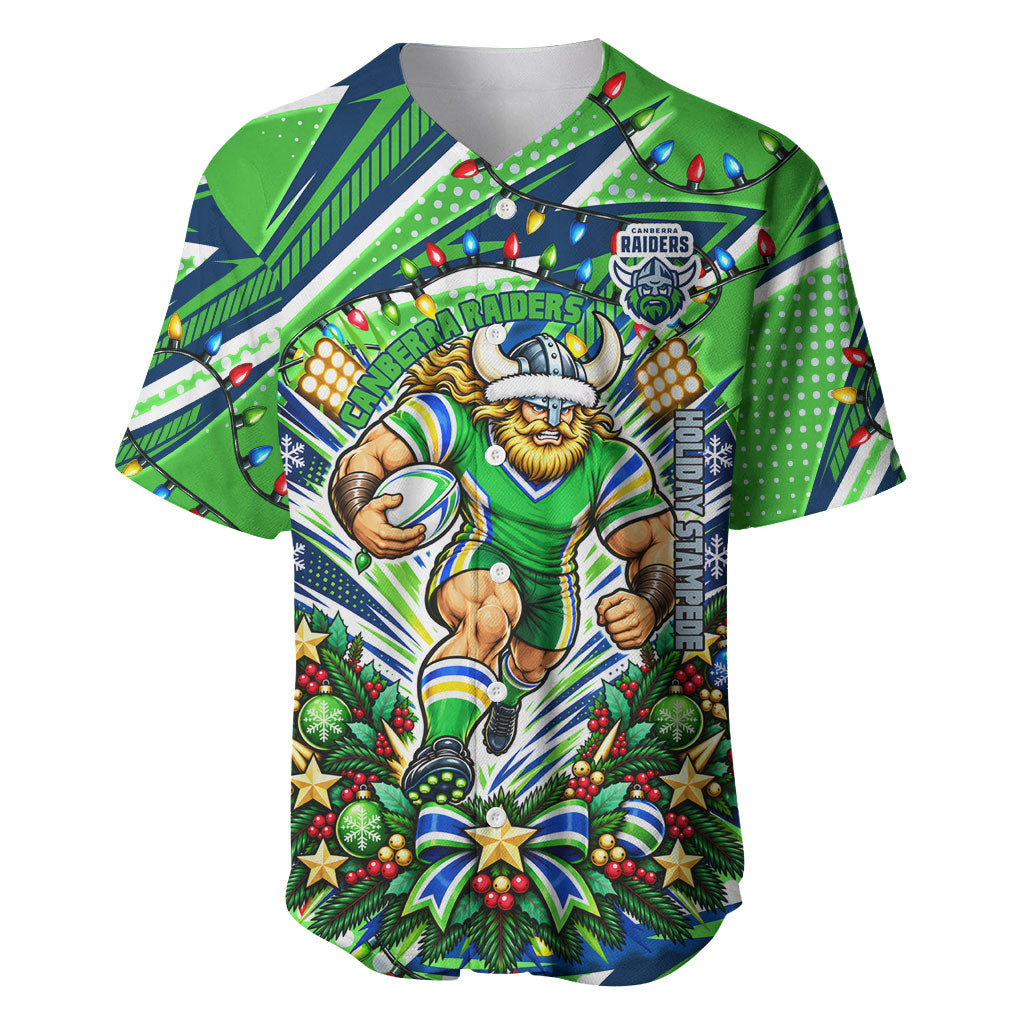 Personalized Canberra Raiders Rugby Christmas Baseball Jersey Holiday Mascot Graphic Art Festive Lights Bow