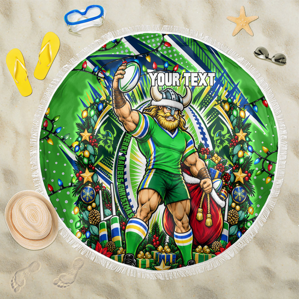 Personalized Canberra Raiders Rugby Christmas Beach Blanket Holiday Mascot Graphic Art Festive Lights Bow