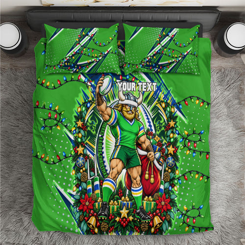 Personalized Canberra Raiders Rugby Christmas Bedding Set Holiday Mascot Graphic Art Festive Lights Bow
