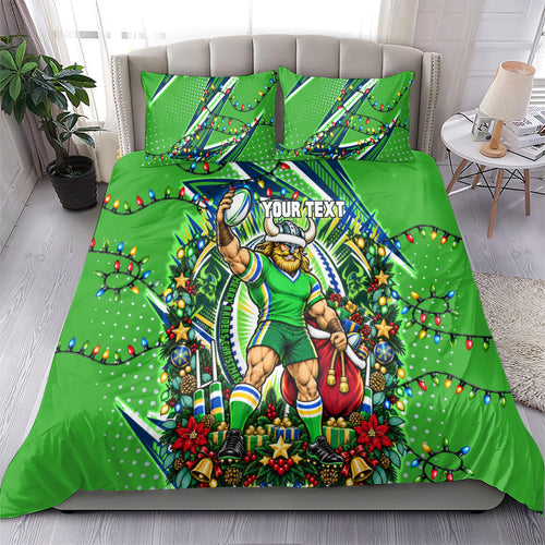 Personalized Canberra Raiders Rugby Christmas Bedding Set Holiday Mascot Graphic Art Festive Lights Bow