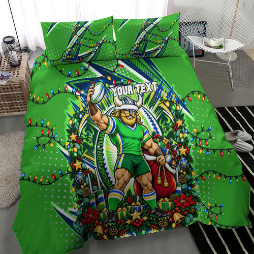 Personalized Canberra Raiders Rugby Christmas Bedding Set Holiday Mascot Graphic Art Festive Lights Bow