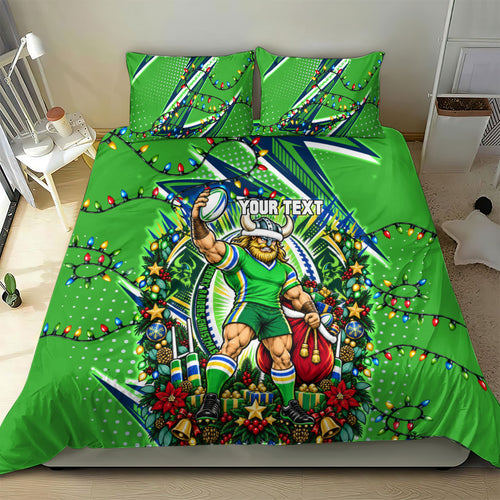 Personalized Canberra Raiders Rugby Christmas Bedding Set Holiday Mascot Graphic Art Festive Lights Bow