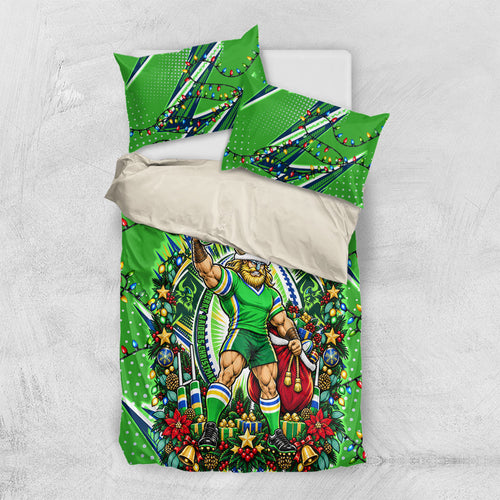 Personalized Canberra Raiders Rugby Christmas Bedding Set Holiday Mascot Graphic Art Festive Lights Bow