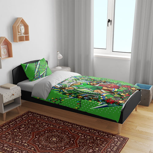 Personalized Canberra Raiders Rugby Christmas Bedding Set Holiday Mascot Graphic Art Festive Lights Bow